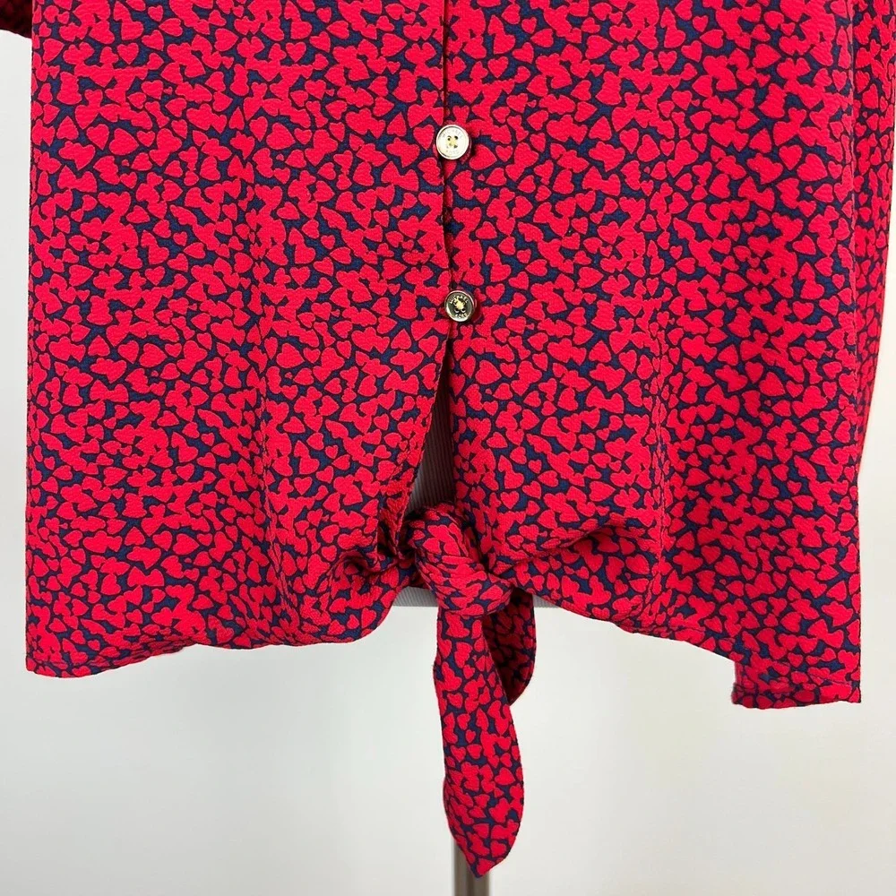 Michael Kors Top XL Red Abstract Heart Tie Front Flutter Sleeve V-Neck Button Up